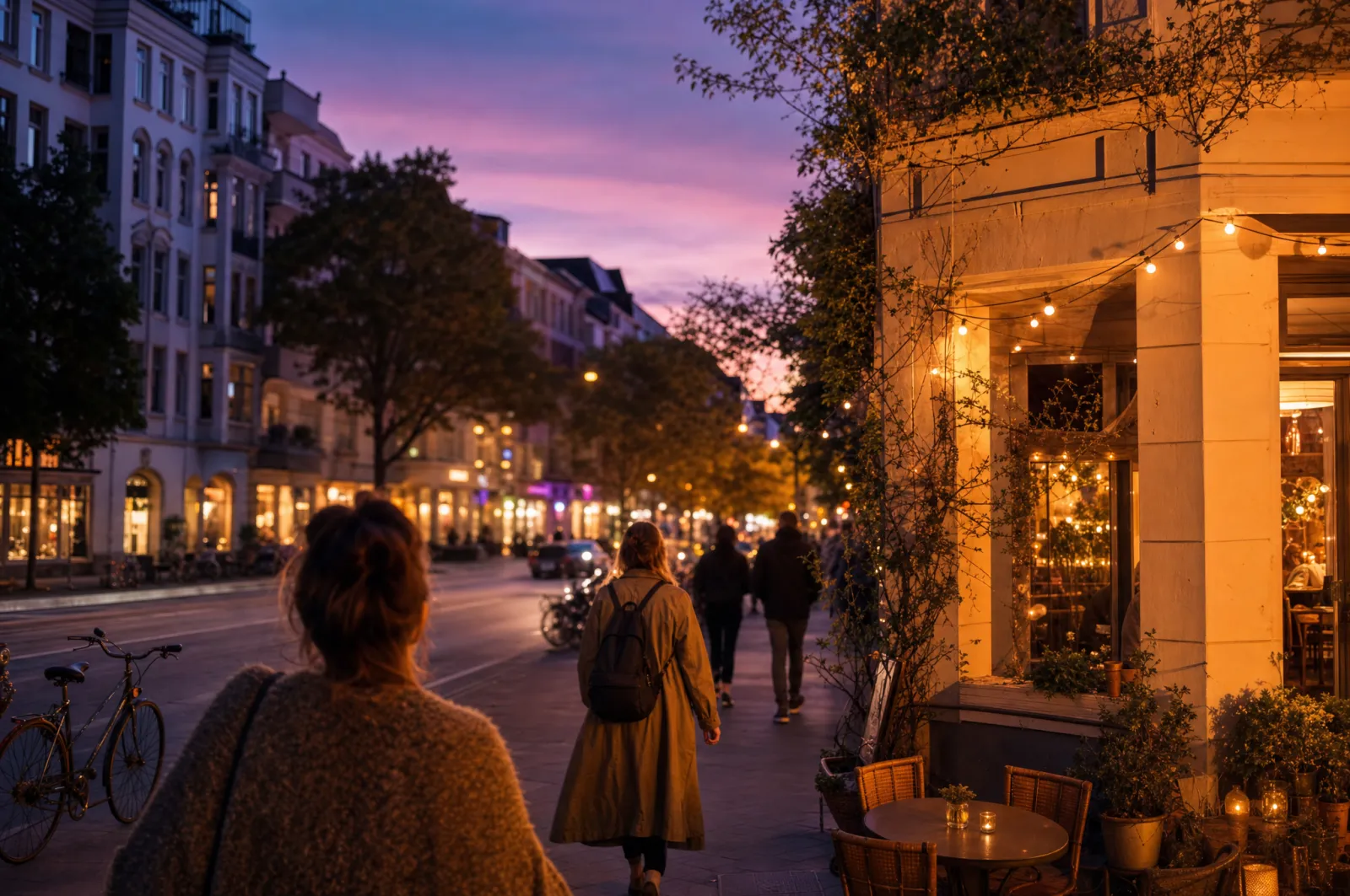 Abendlicher Kiez in Hamburg-Eimsbüttel mit warm beleuchteten Cafés und Passanten
