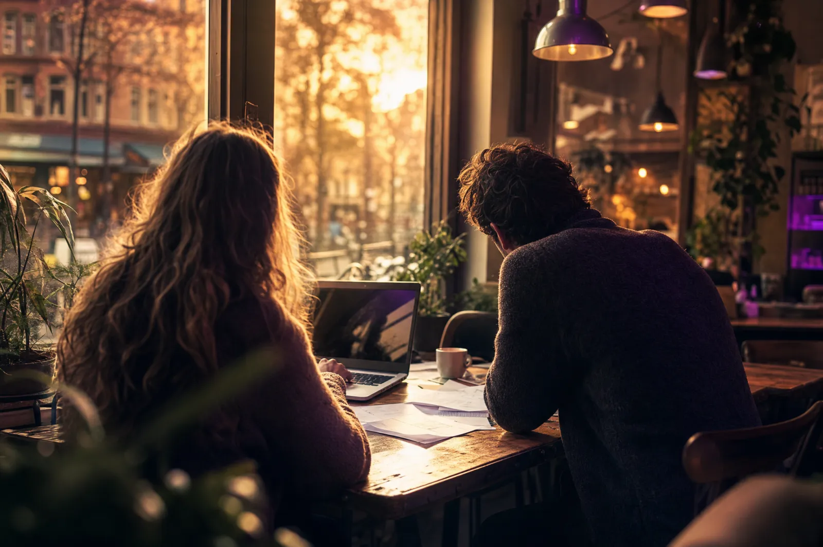 Zwei Menschen arbeiten in einem Café in Eimsbüttel zusammen an einem Laptop, warmes Abendlicht